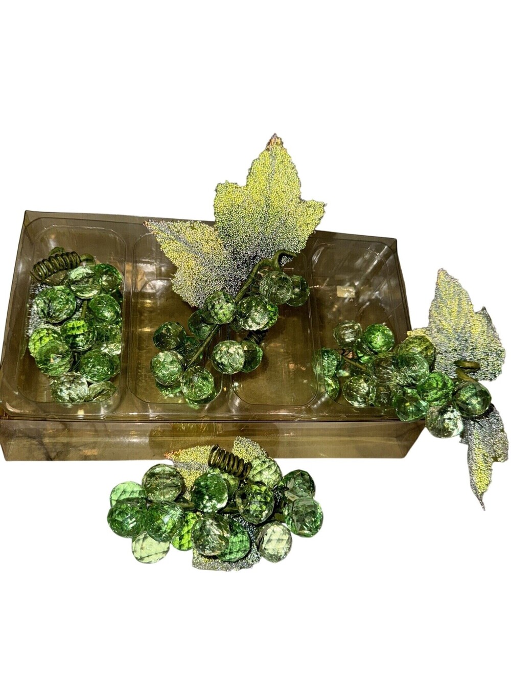 Acrylic Faceted Green Ombré Grapes Cluster Decor Sugared Leaves 4 NEW Vintage